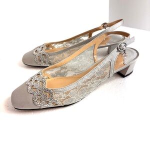 J. Renee Steel Gray Satin Lace Sparkle Faleece Slingback Heels Pumps Women’s 6.5